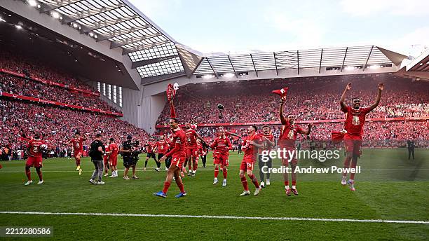 Andy Robertson, Trent Alexander-Arnold Ibrahima Konate and Virgil van Dijk captain of Liverpool celebrating after being named Champions of the...