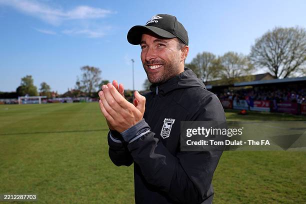Ipswich Town manager Joe Sheehan celebrates promotion to the Barclays Women's Championship after defeating Cheltenham Town during the FA Women's...