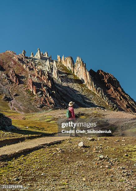 man hiking in peruvian andes near rainbow mountains - anden stock-fotos und bilder