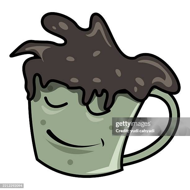 illustrations, cliparts, dessins animés et icônes de tasse verte fantaisiste avec liquide sombre débordant - style dessin animé - vaisselle sale