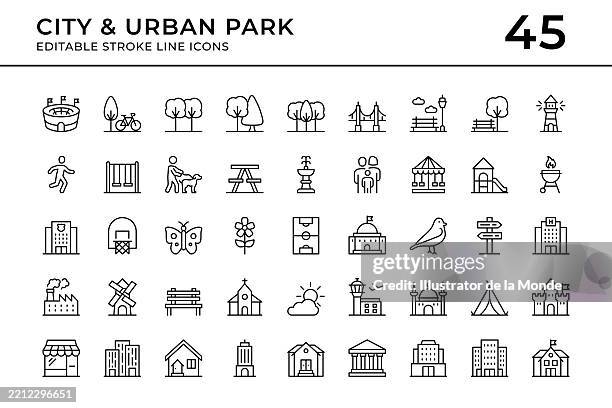 ilustrações, clipart, desenhos animados e ícones de ícones de linha de traço editáveis de cidade e parque urbano - parque de diversões edifício de entretenimento
