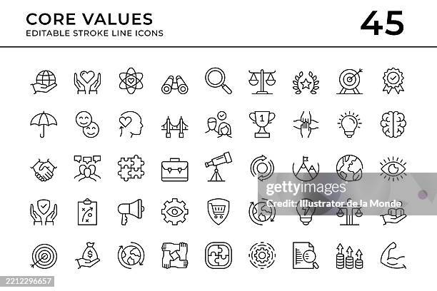 stockillustraties, clipart, cartoons en iconen met organizational core values editable line icons - allegorie