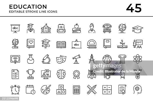 bildbanksillustrationer, clip art samt tecknat material och ikoner med education and learning editable stroke line icons - visdom
