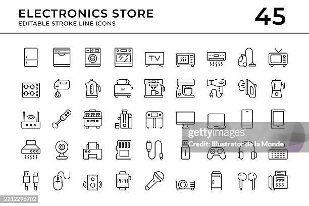 electronics and home appliances editable stroke line icons - computer store stock illustrations