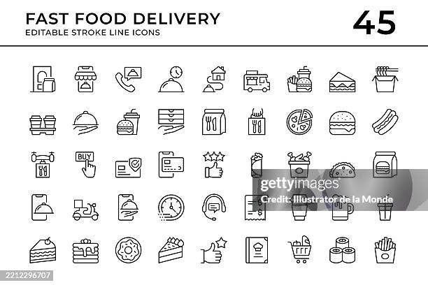fast food delivery and online ordering editable stroke line icons - take out food stock illustrations