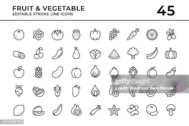 fruit and vegetable editable stroke line icons - green coconuts stock illustrations