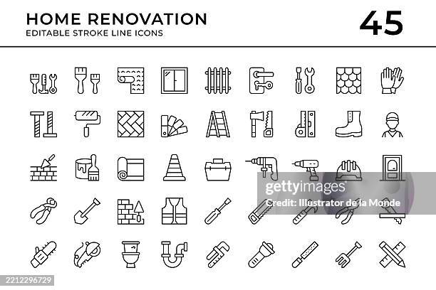 stockillustraties, clipart, cartoons en iconen met home renovation and repair editable stroke line icons - hamer handgereedschap