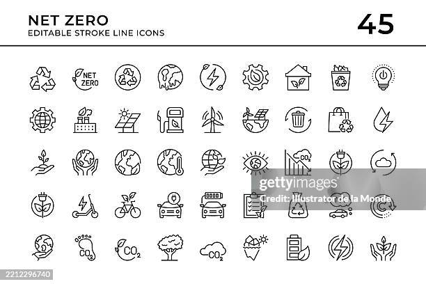 ilustraciones, imágenes clip art, dibujos animados e iconos de stock de cero neto y sostenibilidad iconos de línea de trazo editables - símbolo de reciclaje