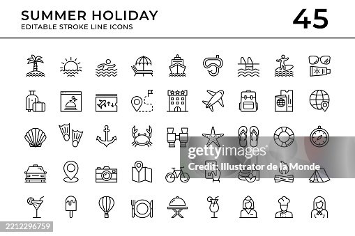 Vacaciones de verano y viajes Iconos de línea de trazo editables Vacaciones de verano y viajes Iconos de línea de trazo editables
