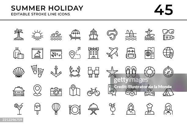 bildbanksillustrationer, clip art samt tecknat material och ikoner med summer holiday and travel editable stroke line icons - hotell