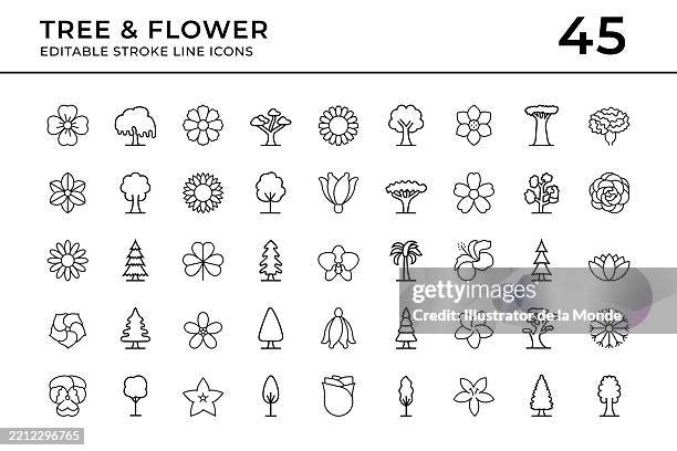 stockillustraties, clipart, cartoons en iconen met tree and flower editable stroke line icons - kastanjebloesem