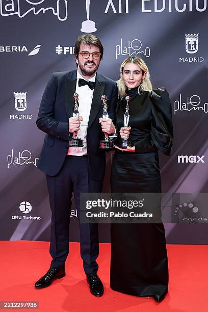 Rodrigo Texeira and Valentina Herszager hold the Best Ibero-American Fiction Film award for the film 'Aun Estoy Aqui' during the Platino Awards 2025...