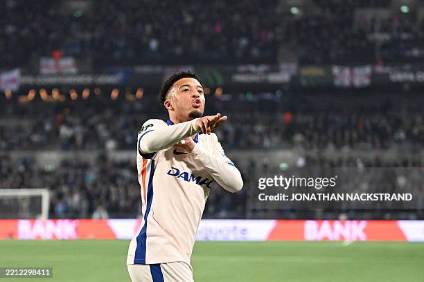 Chelsea's English midfielder Jadon Sancho celebrates after scoring the opening 0-1 goal during the UEFA Conference League semi-final football match...