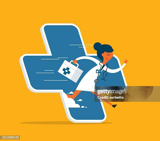 ilustraciones, imágenes clip art, dibujos animados e iconos de stock de servicio de salud en línea - teléfono inteligente - doctora - urgencias-hospital