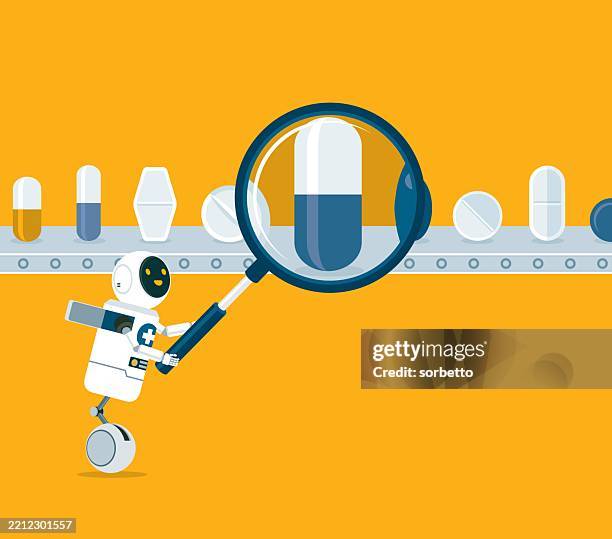 magnifying glass - pill - chemical processing stock illustrations