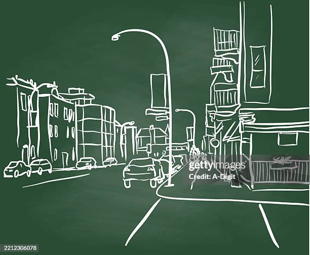 urbanneighbourhoodnopeoplechalkboard - curb stock illustrations