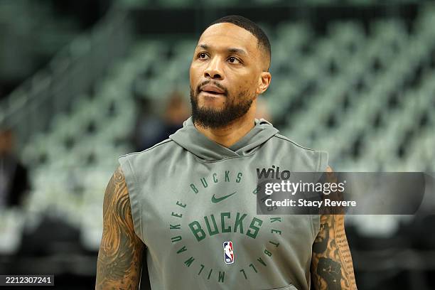 Damian Lillard of the Milwaukee Bucks warms up before Game Four of the Eastern Conference First Round NBA Playoffs against the Indiana Pacers at...