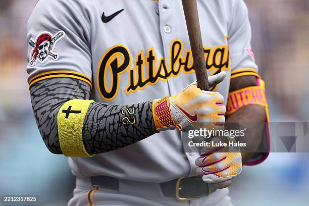Detailed view of Andrew McCutchen of the Pittsburgh Pirates in the on deck circle against the Los Angeles Dodgers at Dodger Stadium on April 27, 2025...