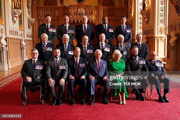 Major Peter Norton, Christopher Finney, Britain's Prince William, Prince of Wales, Britain's King Charles III, Britain's Queen Camilla, Kim Hughes,...