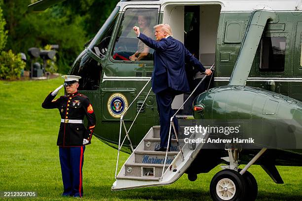 President Donald Trump boards Marine One on the South Lawn on May 1, 2025 in Washington, DC. Trump is traveling to Alabama to give the commencement...