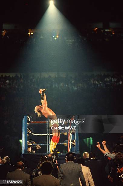 Hulk Hogan makes his way to the ring during WrestleMania III on March 29, 1987 at the Silverdome in Pontiac, Michigan.