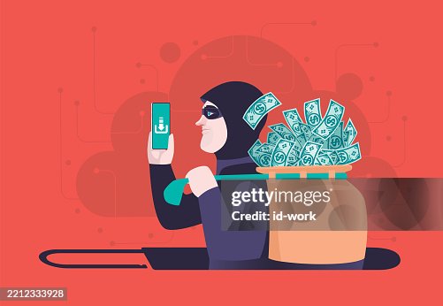 Scammer carrying sack of banknotes and using smartphone with open padlock Scammer carrying sack of banknotes and using smartphone with open padlock