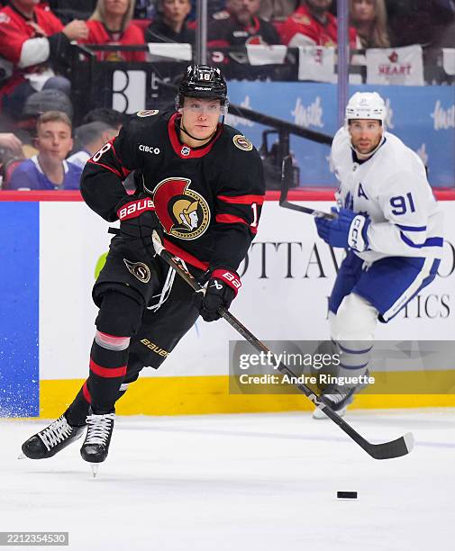 Tim Stützle of the Ottawa Senators stickhandles against the Toronto Maple Leafs in the third period of Game Six of the First Round of the 2025...
