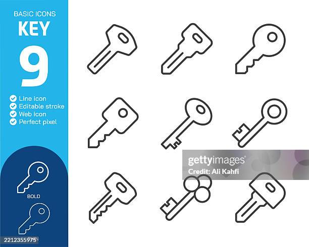 illustrations, cliparts, dessins animés et icônes de collection d’icônes de lignes minces clés. trait modifiable. illustration vectorielle. icône de base pour la conception de sites web, logo, application, modèle, interface utilisateur, infographie, etc. - clé
