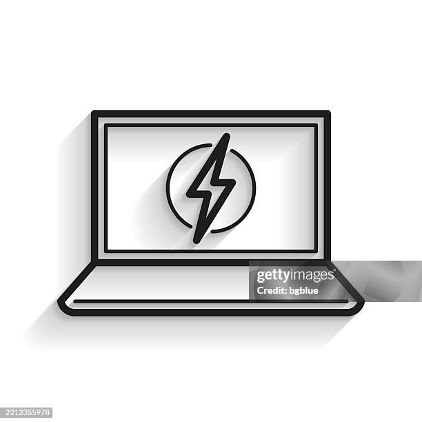 laptop with electricity symbol. line icon with long shadow on white background - black and white lightning stock illustrations