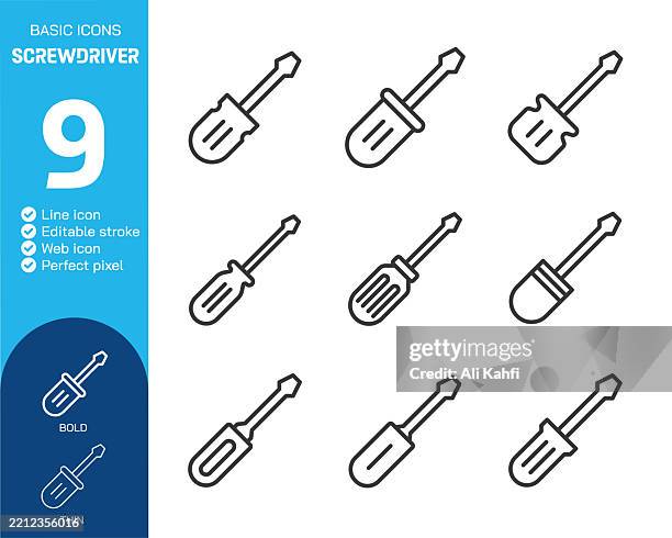 screwdriver thin line icons collection. editable stroke. vector illustration. basic icon for website design, logo, app, template, ui, infographic etc - screwdriver isolated stock illustrations