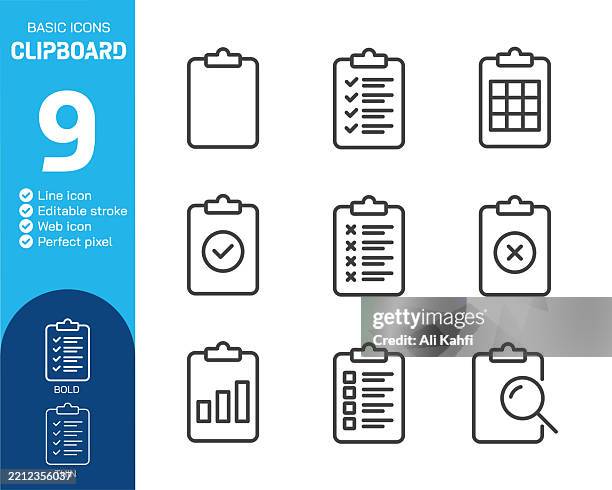 ilustraciones, imágenes clip art, dibujos animados e iconos de stock de colección de iconos de línea fina del portapapeles. trazo editable. ilustración vectorial. icono básico para diseño de sitios web, logotipos, aplicaciones, plantillas, interfaz de usuario, infografías, etc. - tablilla con sujetapapeles