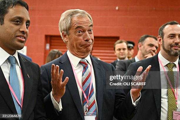Nigel Farage , leader of the Reform UK party, celebrates the victory of Sarah Pochin, the party's candidate, in the Runcorn & Helsby by-election at...