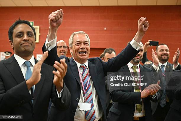 Nigel Farage , leader of the Reform UK party, celebrates the victory of Sarah Pochin, the party's candidate, in the Runcorn & Helsby by-election at...