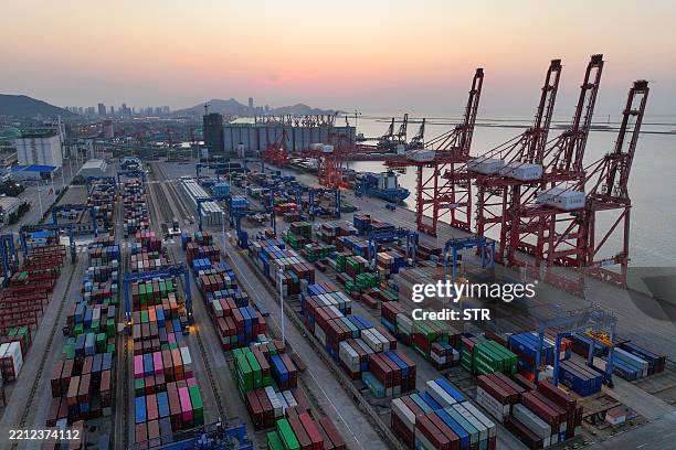 Containers are seen at the port in Lianyungang, in China's eastern Jiangsu province on May 1, 2025. China said on May 2 it is evaluating a US offer...