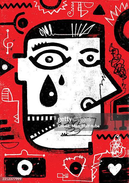 ilustraciones, imágenes clip art, dibujos animados e iconos de stock de triste cara llorando, retrato abstracto - surrealismo