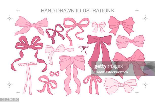 hand drawn bow illustrations – vintage ribbon clipart set - hair bow stock illustrations