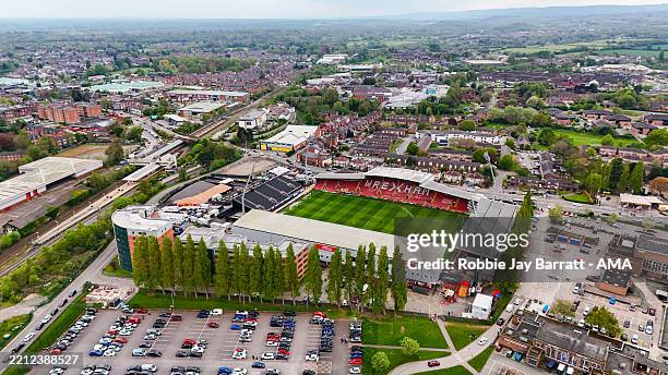 General aerial view of STK Racecourse / The Racecourse Ground ahead of the Sky Bet League One match between Wrexham AFC and Charlton Athletic FC at...
