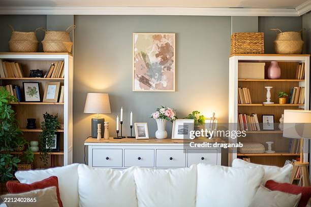 moderno design degli interni del soggiorno con librerie e accogliente divano - arredamento foto e immagini stock