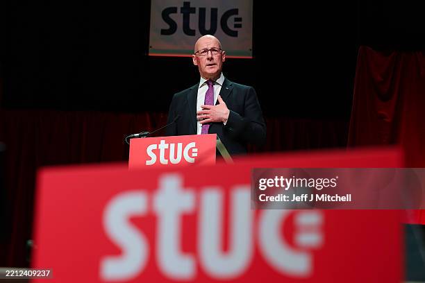 First Minister John Swinney addresses at the Scottish Trade Unions Congress at the Caird Hall on April 28, 2025 in Dundee, Scotland. The congress is...