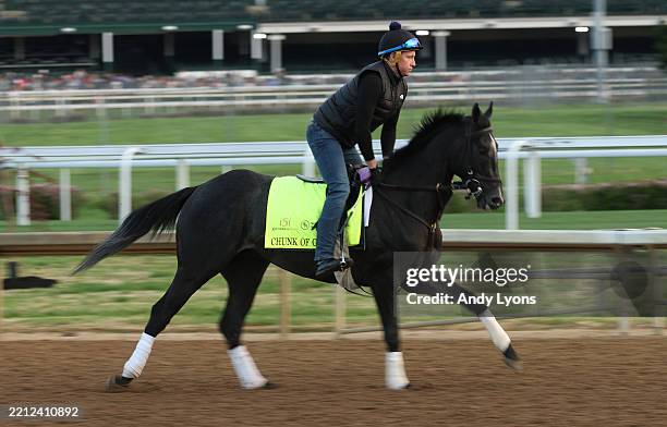 Chunk of Gold runs on the track during the morning training in preparation for the 151st Kentucky Derby at Churchill Downs on April 28, 2025 in...