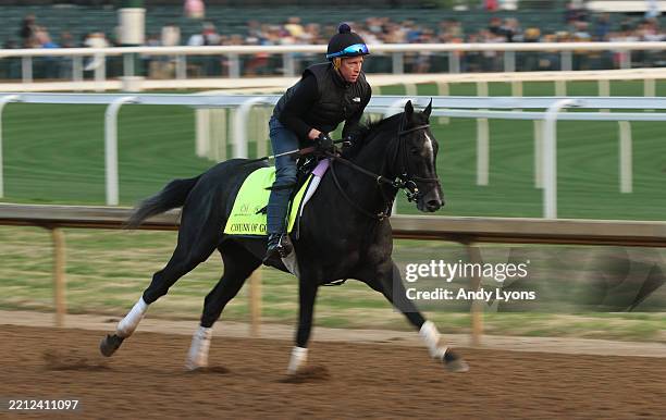 Chunk of Gold runs on the track during the morning training in preparation for the 151st Kentucky Derby at Churchill Downs on April 28, 2025 in...