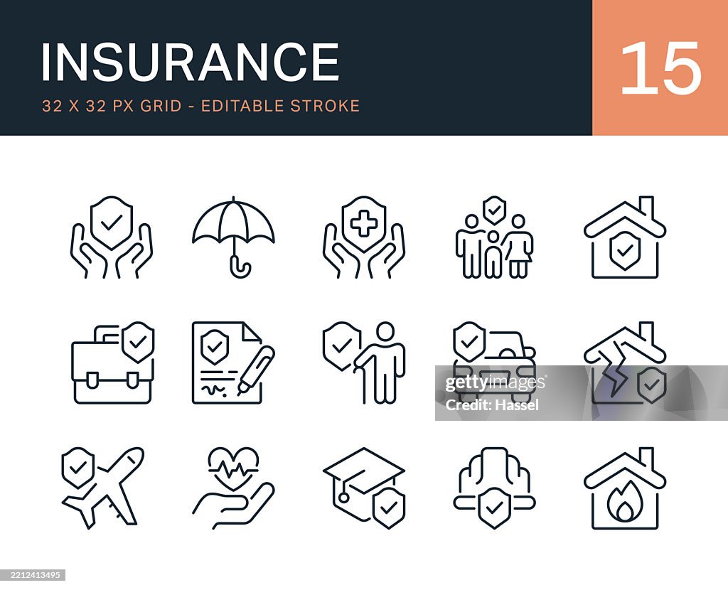 Insurance Editable Stroke Vector Line Icons