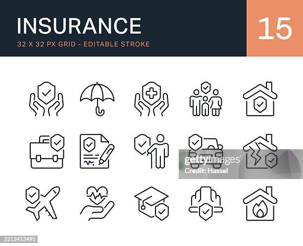 insurance editable stroke vector line icons - life insurance icons stock illustrations