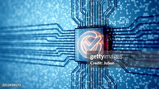 Electronic quantum computer microchip with check mark sign glowing Electronic quantum computer microchip with check mark sign glowing