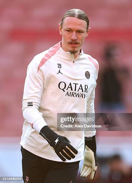 Matvey Safonov of Paris Saint-Germain looks on during a training session ahead of their UEFA Champions League 2024/25 semi final first leg match at...