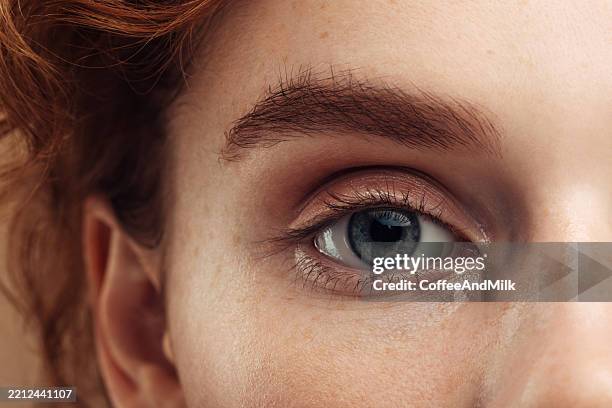 primer plano de un ojo humano con pestañas naturales e iris transparente - ojo fotografías e imágenes de stock