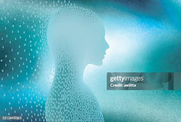 vector illustration of profile of a human face formed by binary numbers on watercolor background. - binary code stock illustrations