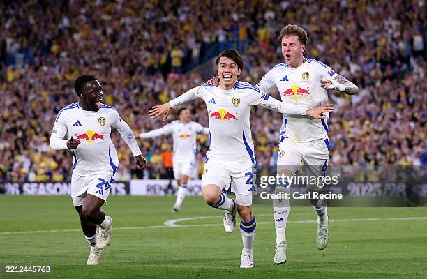 Ao Tanaka of Leeds United celebrates scoring his team's first goal during the Sky Bet Championship match between Leeds United FC and Bristol City FC...
