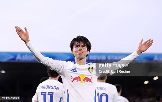 Ao Tanaka of Leeds United celebrates scoring his team's first goal during the Sky Bet Championship match between Leeds United FC and Bristol City FC...