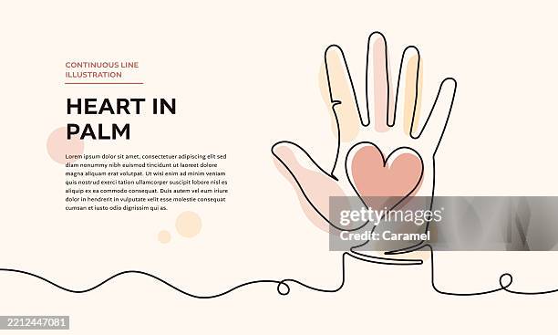 güte durchgehende linie herz in palme illustration - kindness stock-grafiken, -clipart, -cartoons und -symbole